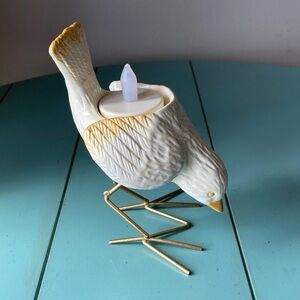 White and Gold Bird Votive Candle Holder Brass Feet 5.25” tall